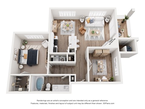 Floor plan for 1 bed, 1 bath, 916 sqft